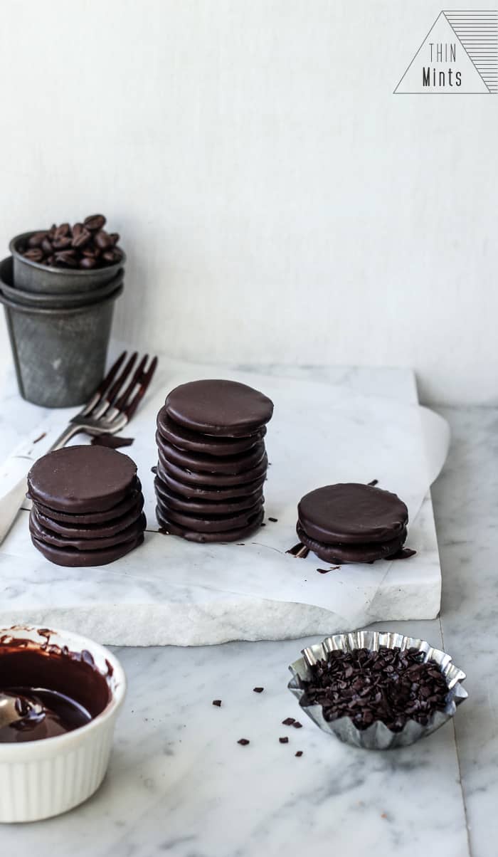 DIY Thin Mints 15 minutes, 3 ingredients, no bake, vegan. Stacked up and coated with dark chocolate