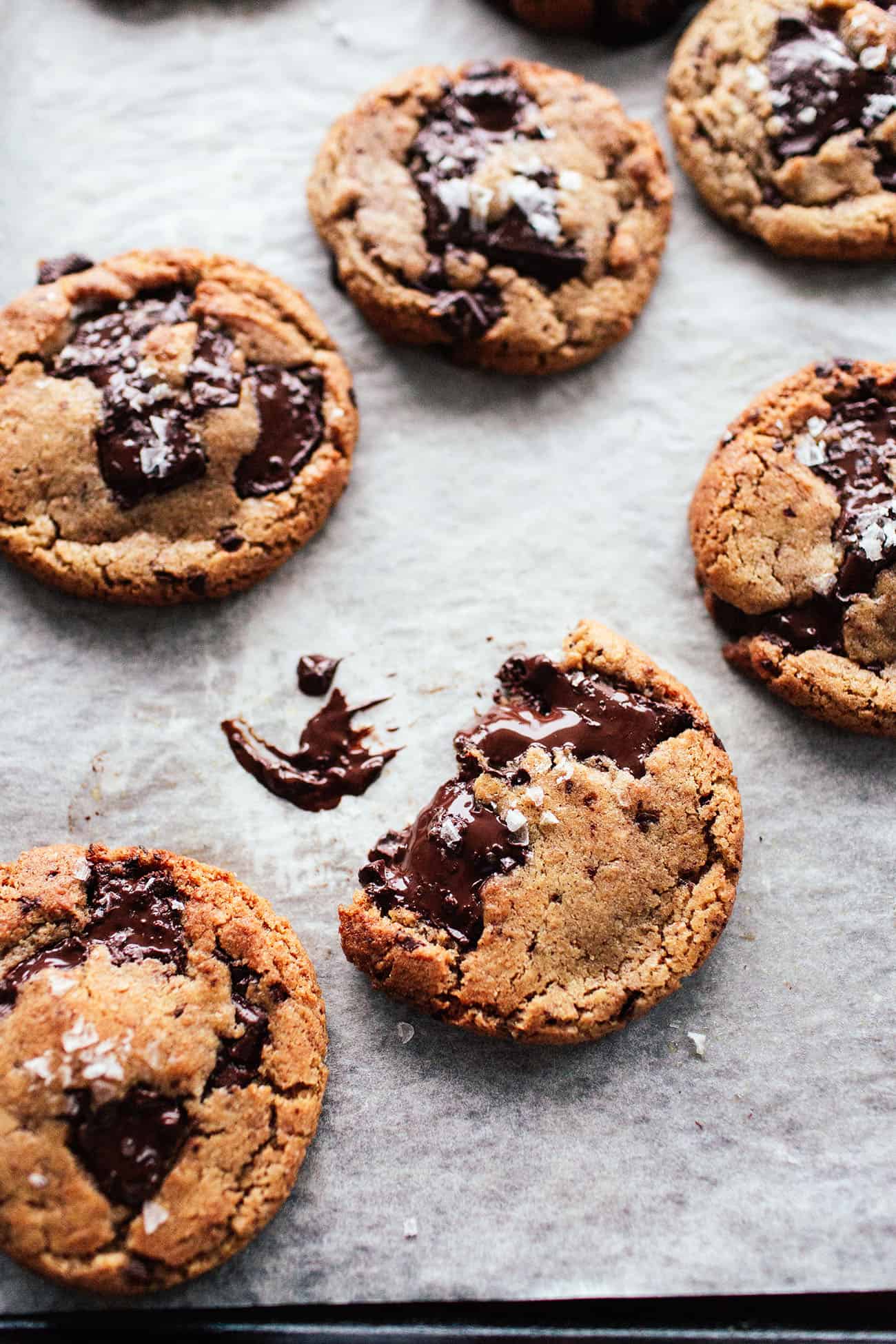 Chocolate chip cookies on a baking sheet