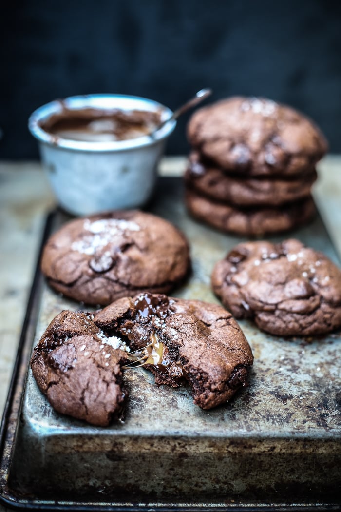 Salted Caramel and Nutella Stuffed Double Chocolate Chip Cookies | http://homemaderecipes.com/entertaining/14-nutella-recipes/