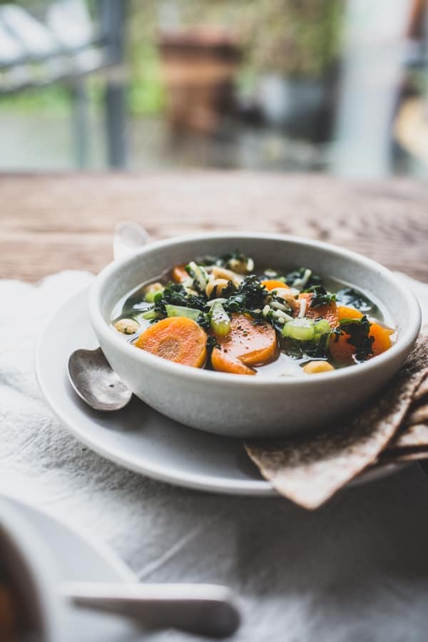 Healing Green Tea & Chickpea Soup with Garlic Tortilla Triangles