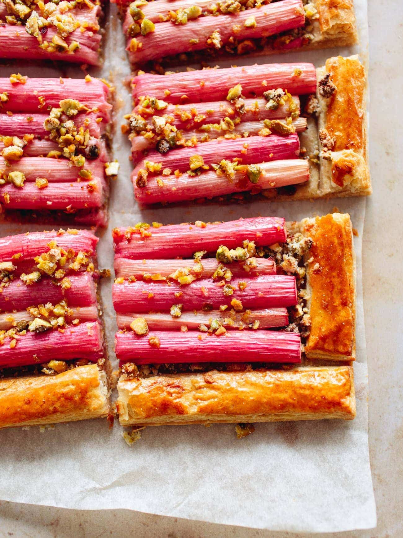 Simple Rhubarb Tart with chopped pistachios 