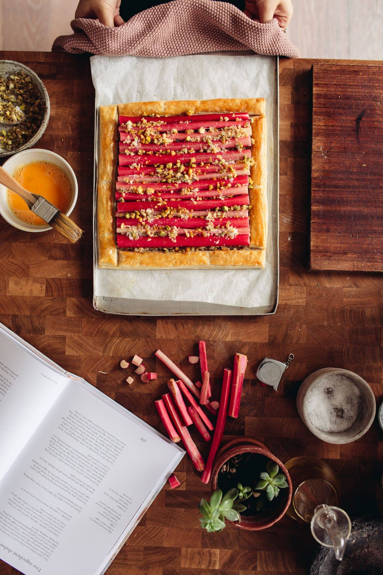 Simple Rhubarb Tart on a tray on the counter