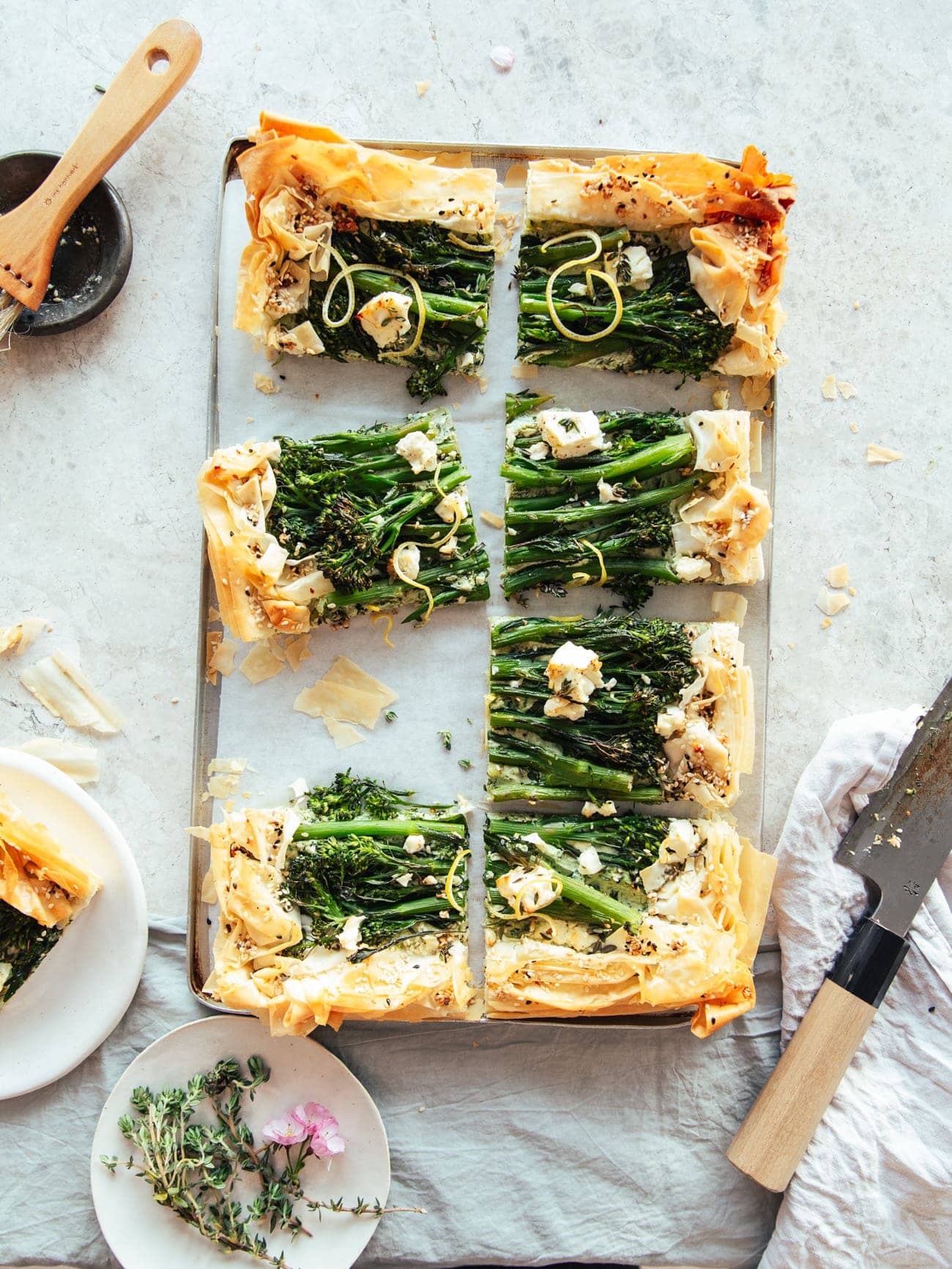 A filo pastry tart with broccoli and feta, on a ricotta base by Izy Hossack