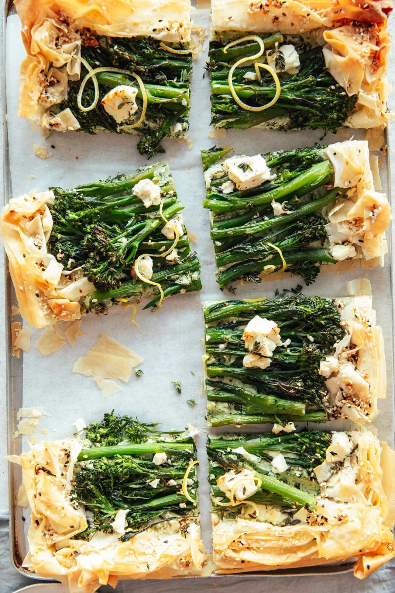 A filo pastry tart with broccoli and feta, on a ricotta base by Izy Hossack