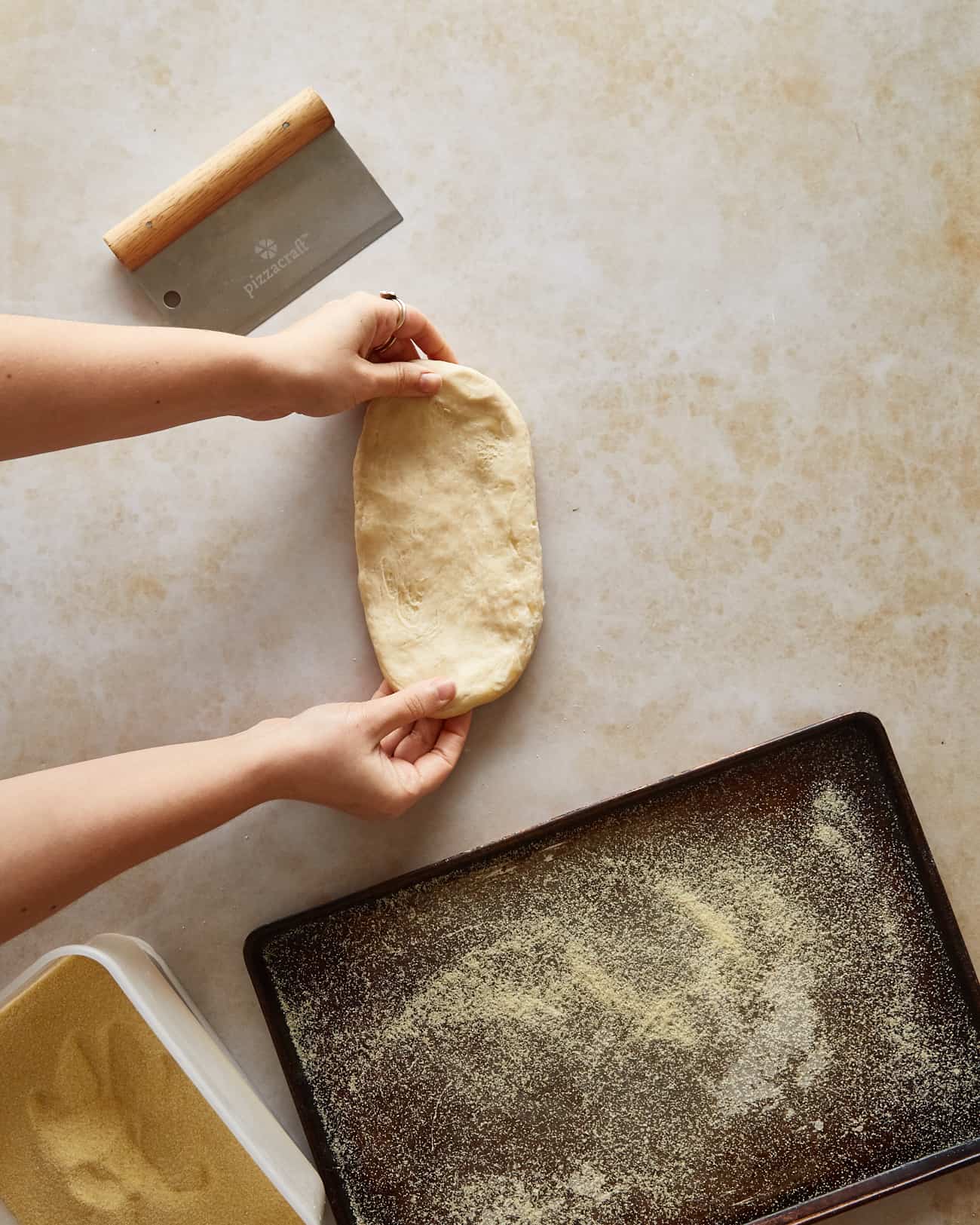 stretching pici dough into rectangle for cacio e pepe