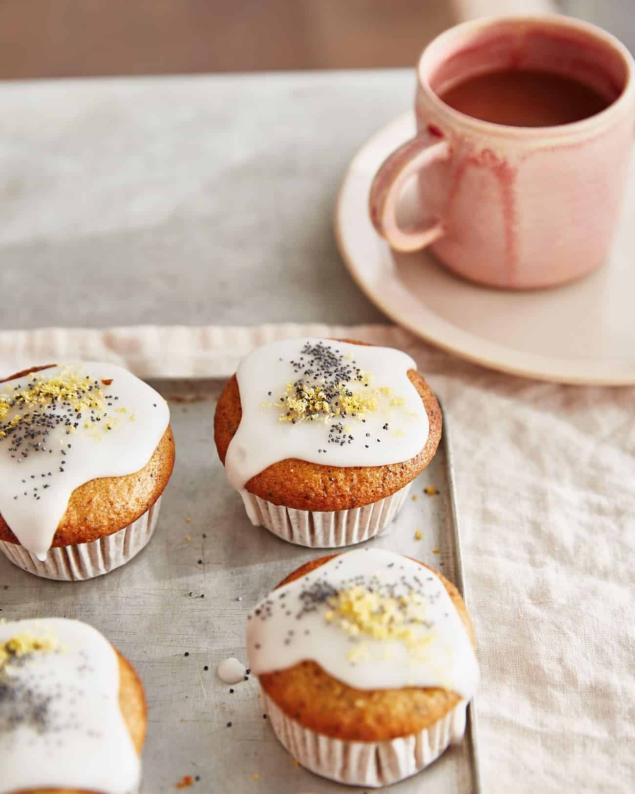 lemon poppyseed muffin vegan on a baking tray