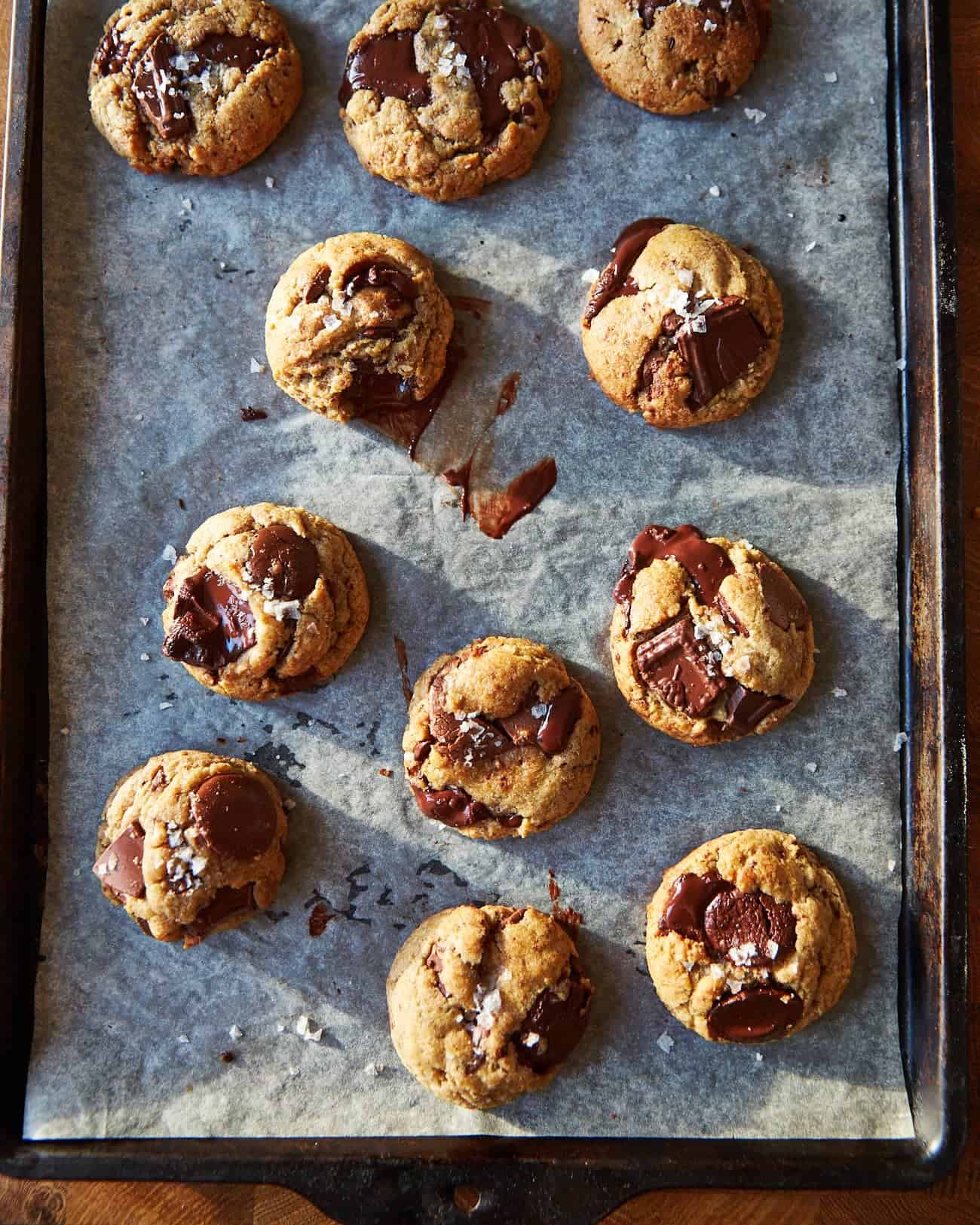 a tray of baked vegan chocolate chip cookies