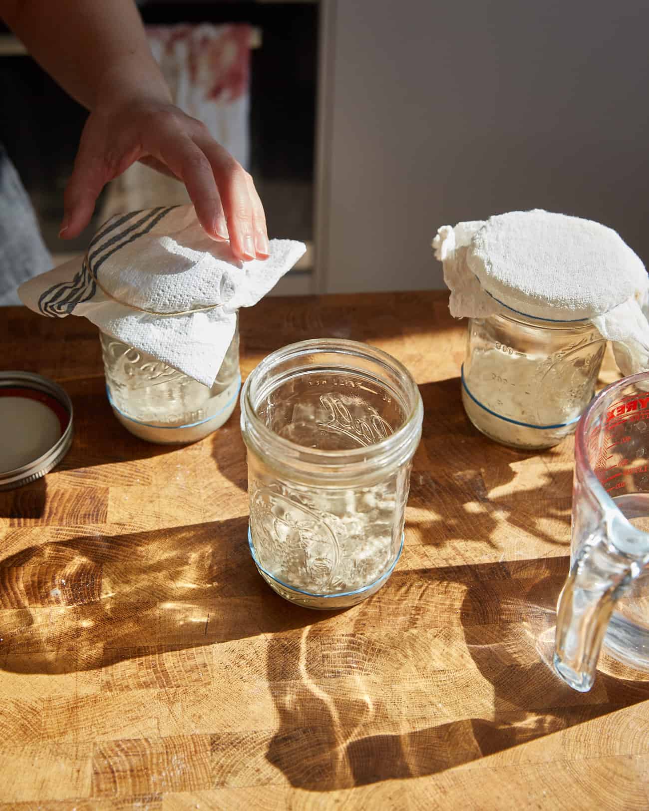 three jars of sourdough starter on a countertop