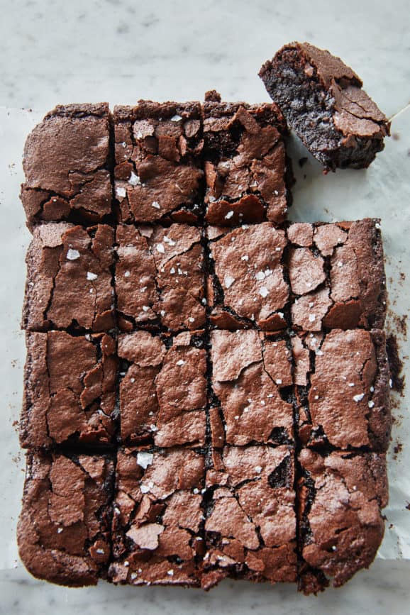 Overhead view of sliced vegan sourdough brownies