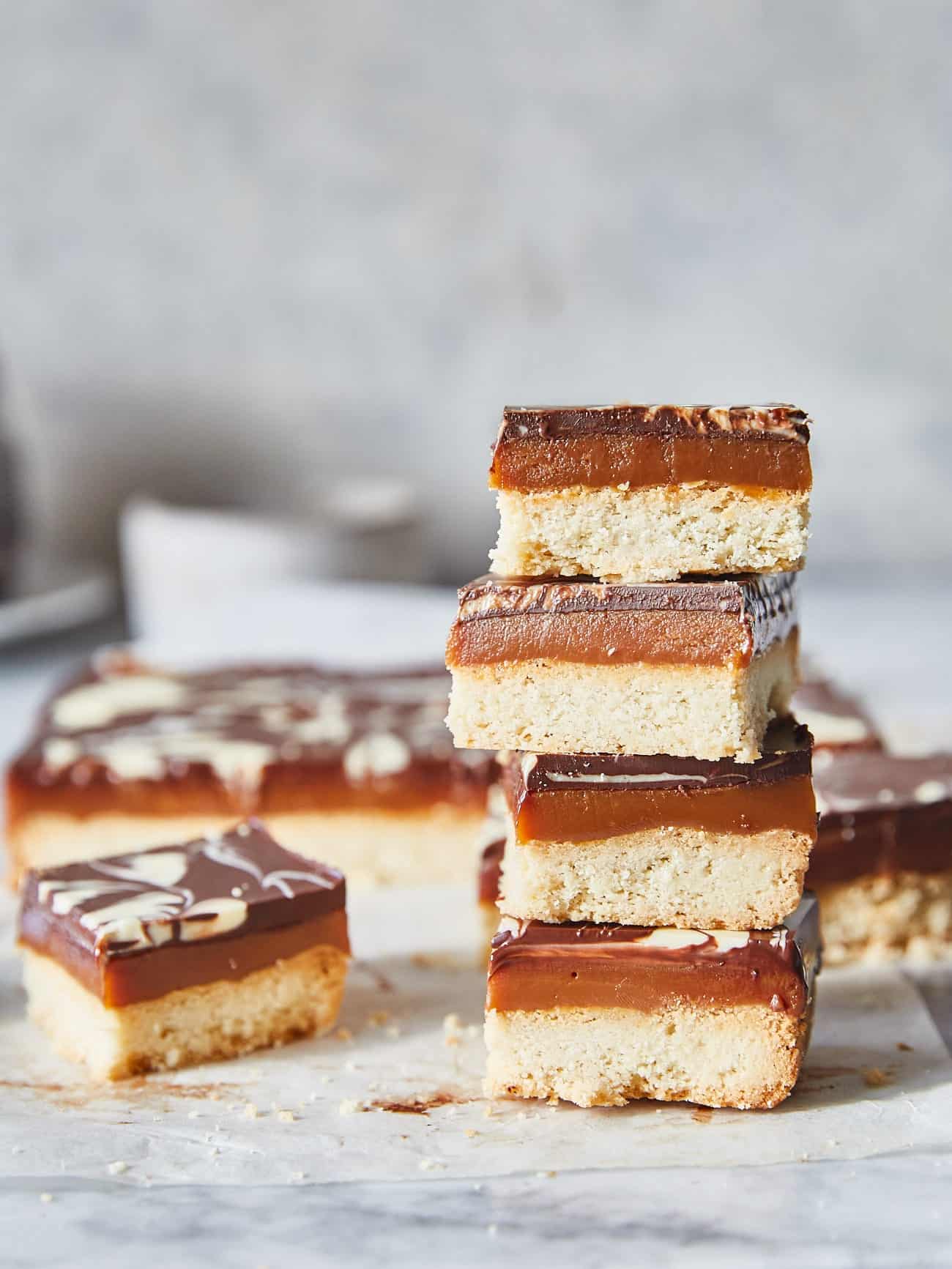 a stack of millionaire's shortbread