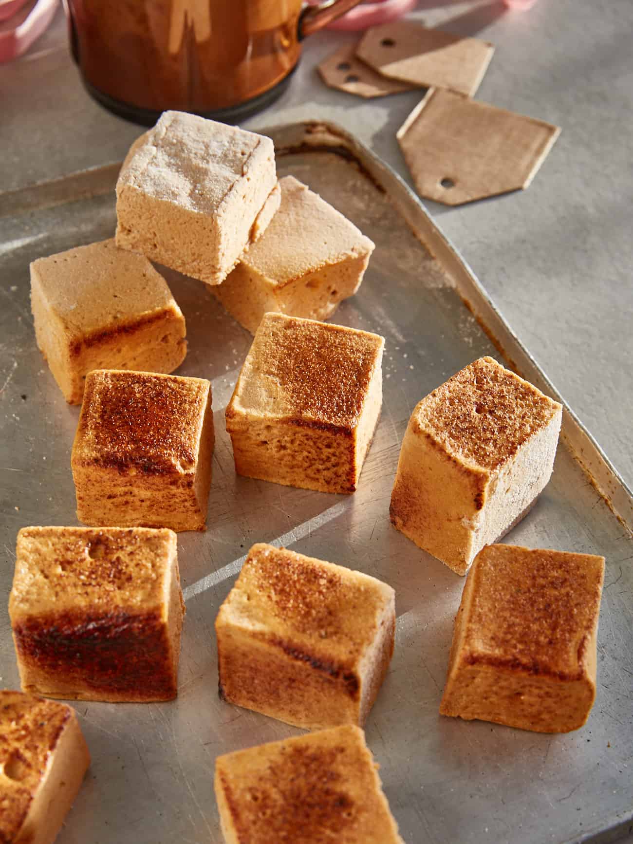 toasted pumpkin marshmallows on a tray