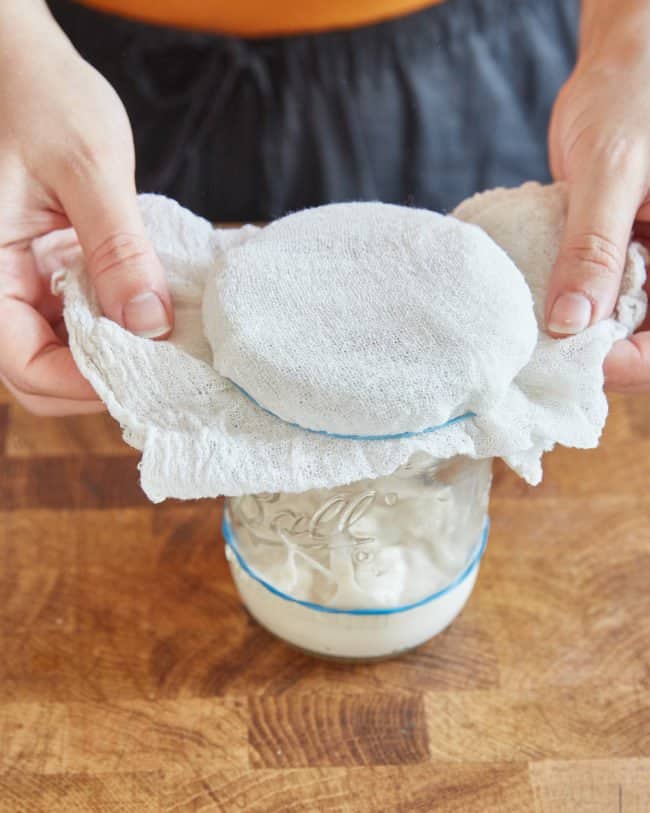 securing the top of a jar of sourdough starter with a piece of cheesecloth and an elastic band