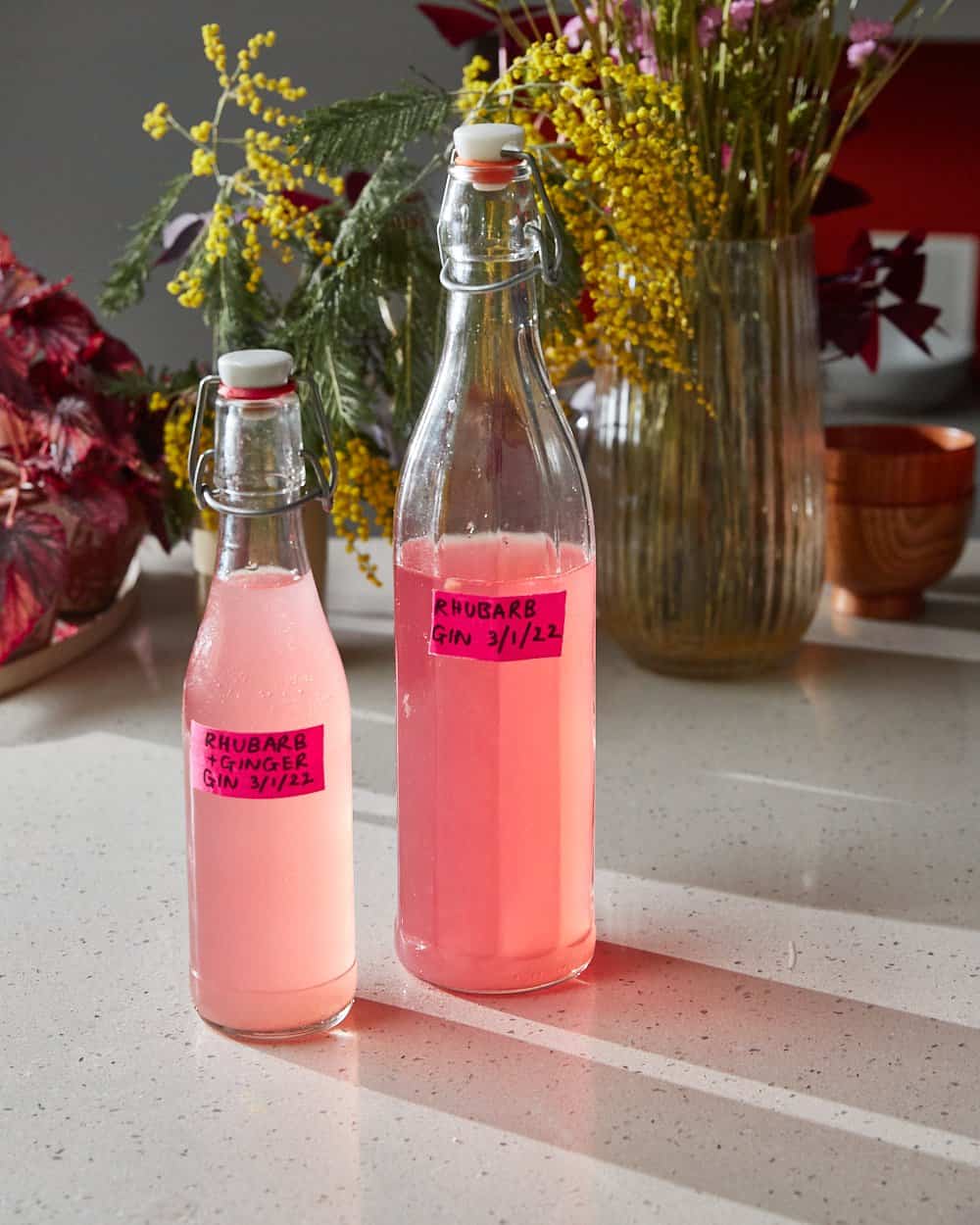 two flip-top glass bottles of pink rhubarb gin on a counter top