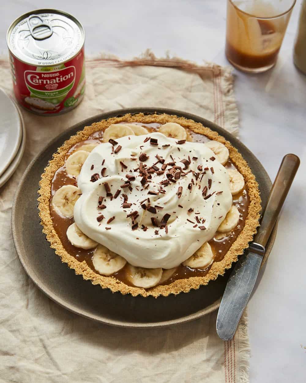 vegan banoffee pie on a plate with a knife