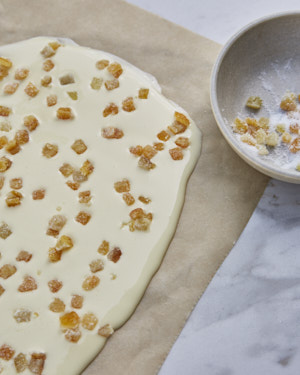melted white chocolate spread onto baking paper sprinkled with candied citrus peel