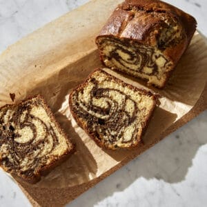 a sliced loaf of marbled Vietnamese coffee cake