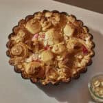 rhubarb almond croissant cake in its tin